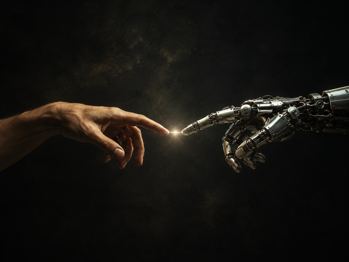 Una mano humana y una mano robótica se aproximan hasta encontrarse en un punto de luz.